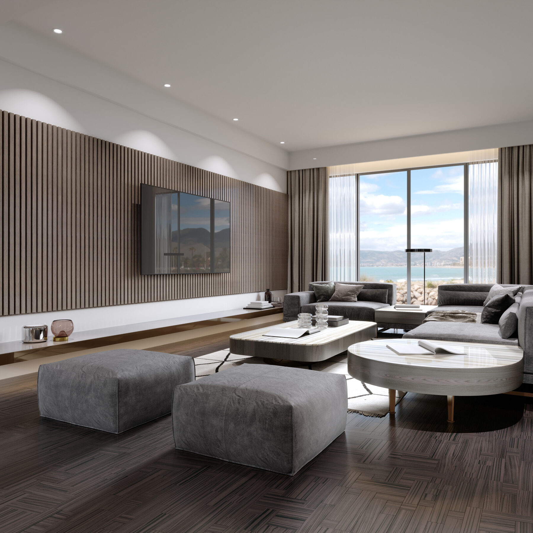 Contemporary living room with wood paneling on the walls and wood slats with gray corner sofa and square ottomans. 3D rendering.